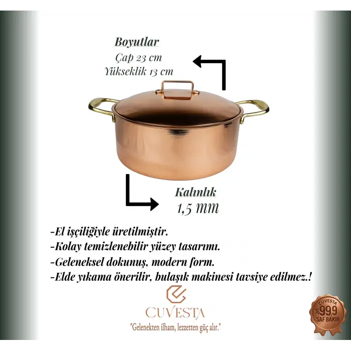 Cuvesta El Yapımı Bakır Derin Tencere Modern 23×12cm 1.5mm