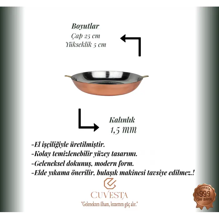 Cuvesta El Yapımı Bakır Modern Geniş Tava 25×5cm 1.5mm