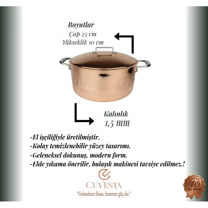 Cuvesta El Yapımı Bakır Pilav ve Karnıyarık Tenceresi 25×10cm 1.5mm