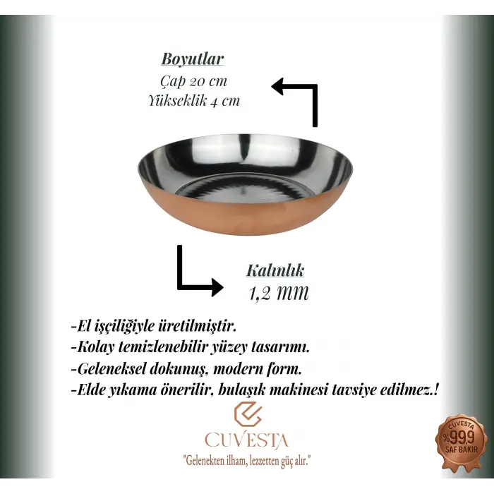 Cuvesta El Yapımı Bakır Tabak Sağlıklı ve Modern Sunumlar İçin 20x4cm 1.2mm
