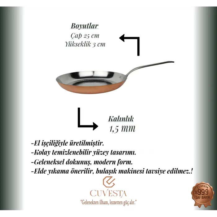 Cuvesta El Yapımı Modern Bakır Gözleme, Krep Tavası 25×3cm 1.5mm