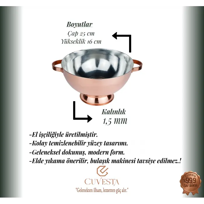 Cuvesta El Yapımı Modern Bakır Meyve ve Salata Kasesi 1.5mm
