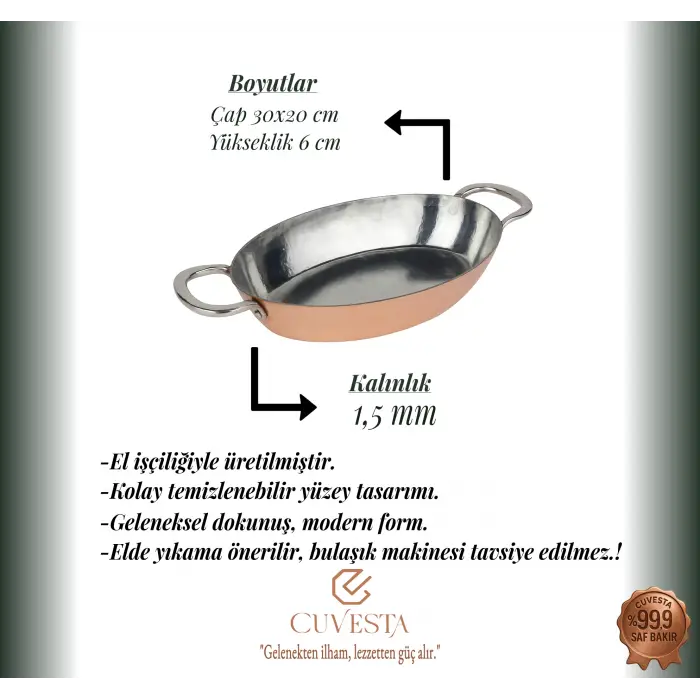 Cuvesta El Yapımı Şef Tipi Bakır Oval Tava 30x20cm 1.5mm