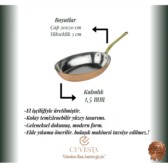 Cuvesta El Yapımı Şef Tipi Modern Bakır Oval Sote Tavası 30x20cm 1.5mm