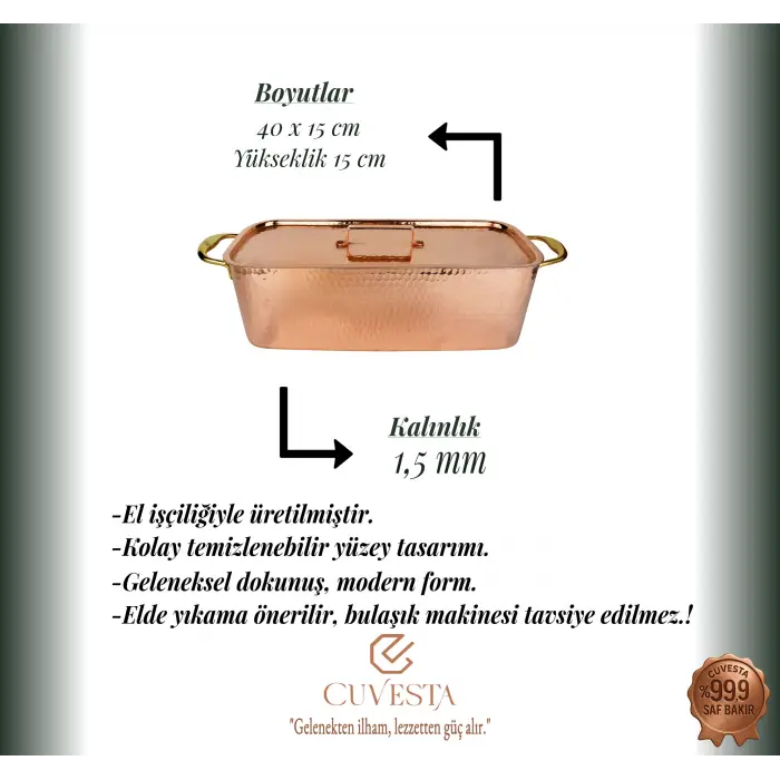 Cuvesta El Yapımı Şef Tipi ve Modern Bakır Balık Kazanı 40×15cm 1.5mm