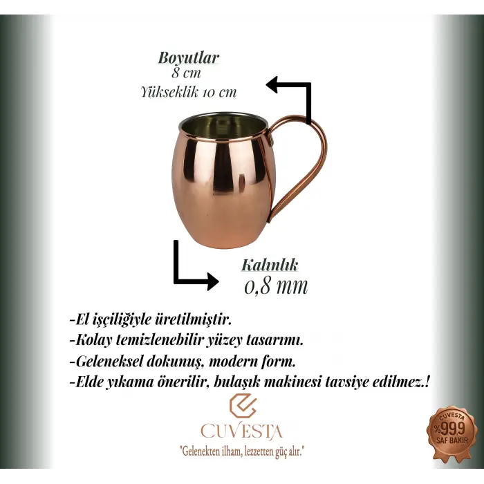 Cuvesta Modern El Yapımı Modern Bakır Bardak Kırmızı Renk 8x10cm