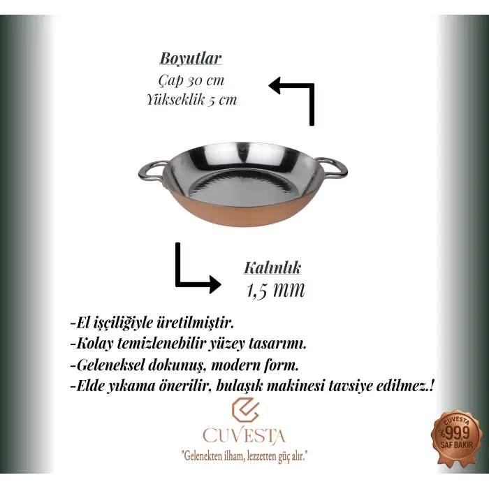 Cuvesta Modern El Yapımı Şef Tipi Bakır Geniş Tava 30×5 cm 1.5mm
