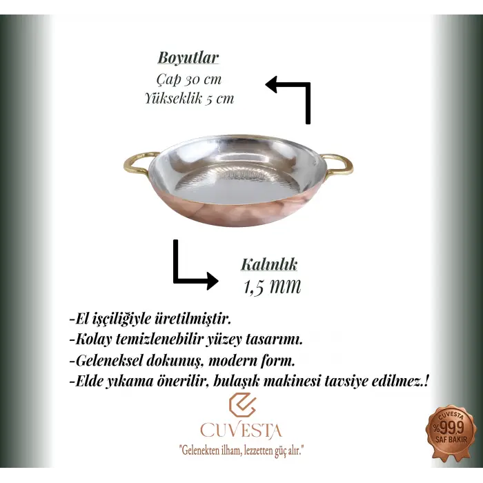 Cuvesta Modern Şef Tipi El Yapımı Bakır Yuvarlak Tava 30×5cm 1.5mm