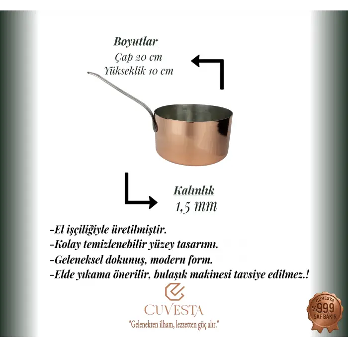 Cuvesta Modern ve Zarif El Yapımı Bakır Sütlük ve Sosluk 20×10 cm 1.5mm
