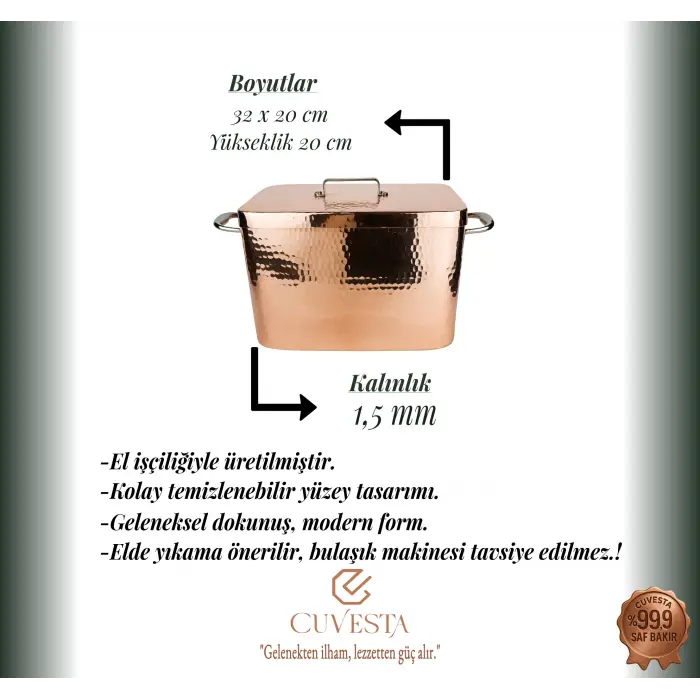 Cuvesta Şef Tipi El Yapımı Bakır Fırın Kazanı 32×22cm 1.5mm