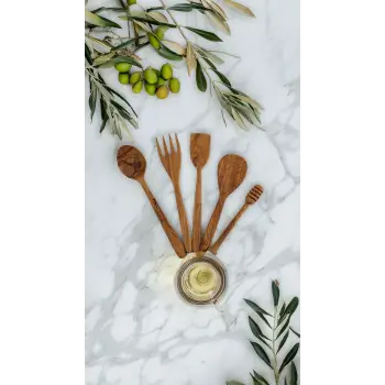 Cuvesta Zeytin Ağacı 5 Parça Ahşap Mutfak Seti, Tahta Kaşık, Çatal, Spatula, Bal Kaşığı El Yapımı