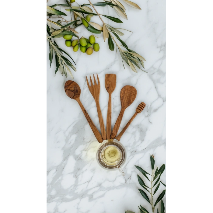 Cuvesta Zeytin Ağacı 5 Parça Ahşap Mutfak Seti, Tahta Kaşık, Çatal, Spatula, Bal Kaşığı El Yapımı