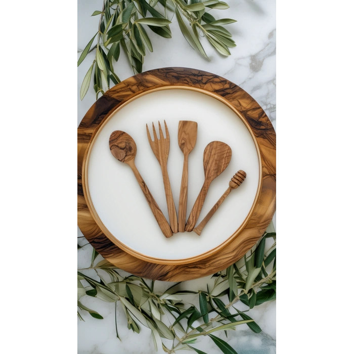 Cuvesta Zeytin Ağacı 5 Parça Ahşap Mutfak Seti, Tahta Kaşık, Çatal, Spatula, Bal Kaşığı El Yapımı