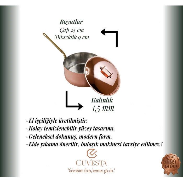 Cuvesta El Yapımı Bakır Kapaklı Sote ve Sos Tavası 25×9cm