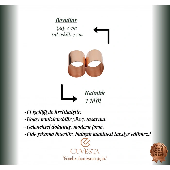 Cuvesta El Yapımı Modern 2li Bakır Peçete Yüzüğü Zarif Sunumlar İçin