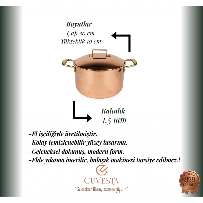 Cuvesta El Yapımı Şef Tipi Bakır Modern Tencere 20×10cm