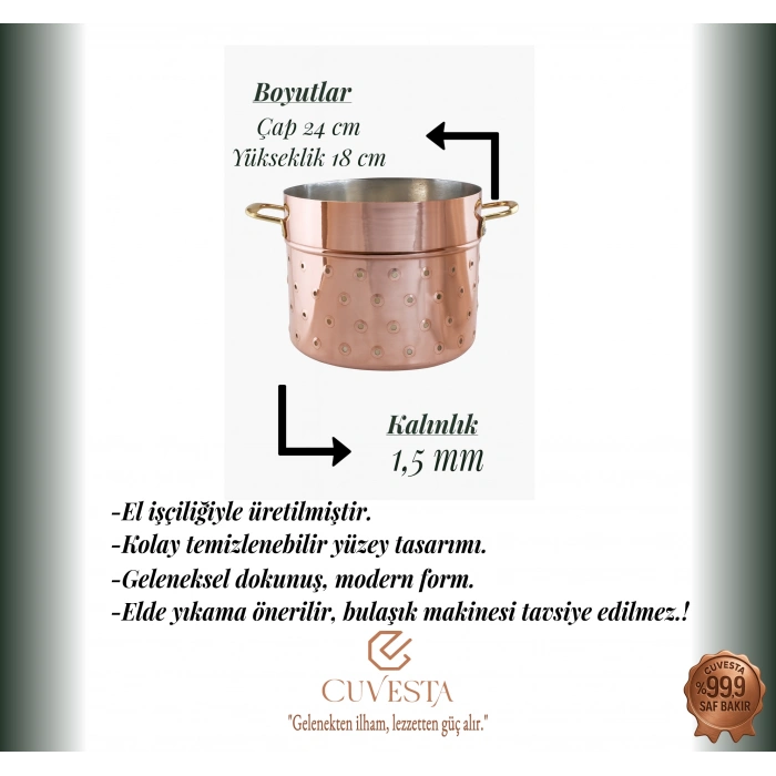 Cuvesta El Yapımı Şef Tipi Büyük Bakır Süzgeç 24x18CM