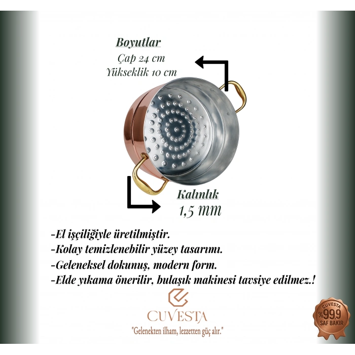 Cuvesta El Yapımı Şef Tipi Küçük Bakır Süzgeç 24x10cm