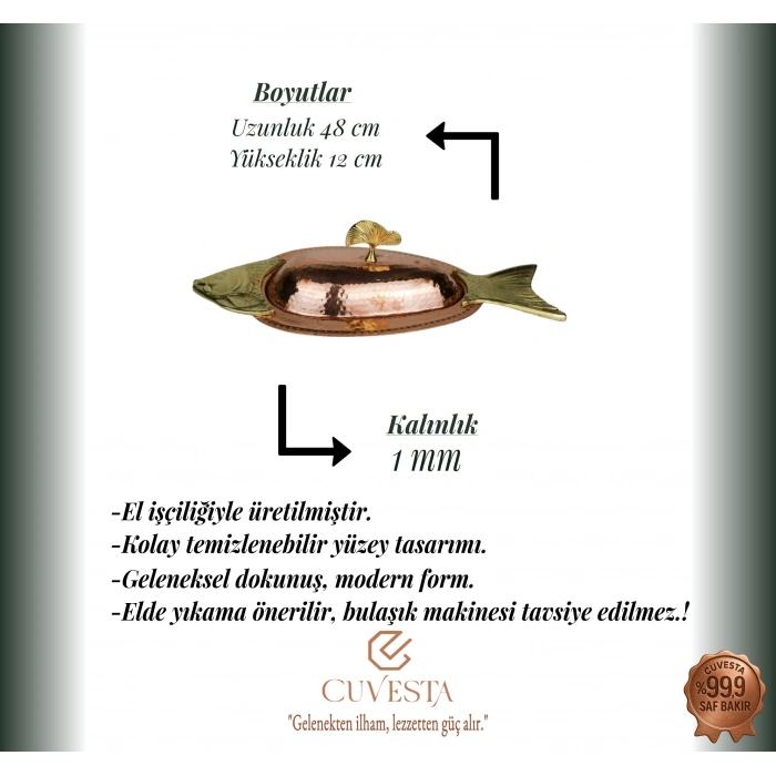 Cuvesta Modern El Yapımı Bakır Balık Servis Tabağı 48cm