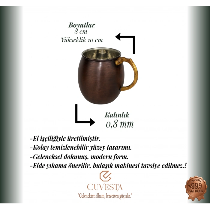 Cuvesta Modern El Yapımı Bakır Bardak Oksit Renk 8x10cm