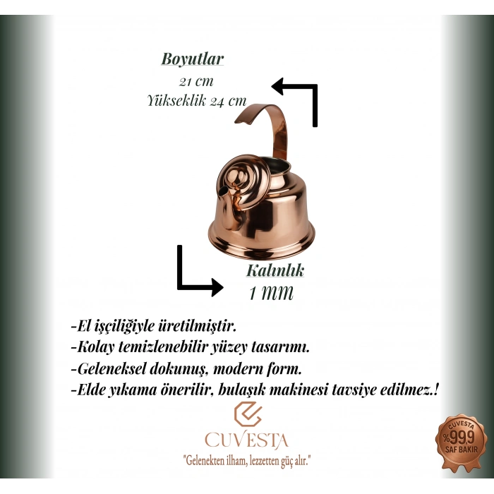 Cuvesta Modern El Yapımı Bakır Demlik 21×24 cm