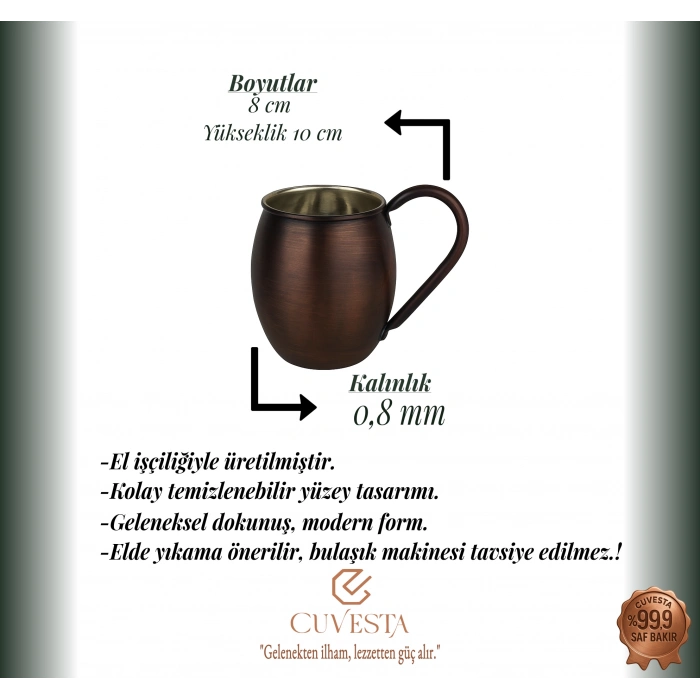 Cuvesta Modern El Yapımı Klasik Bakır Bardak 8x10cm