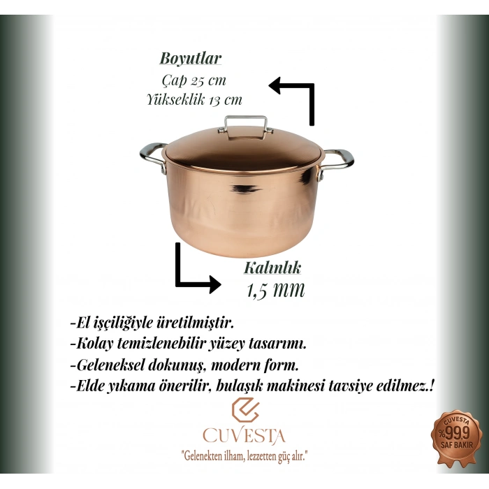 Cuvesta Modern Şef Tipi El Yapımı Bakır Derin Tencere 23×12cm