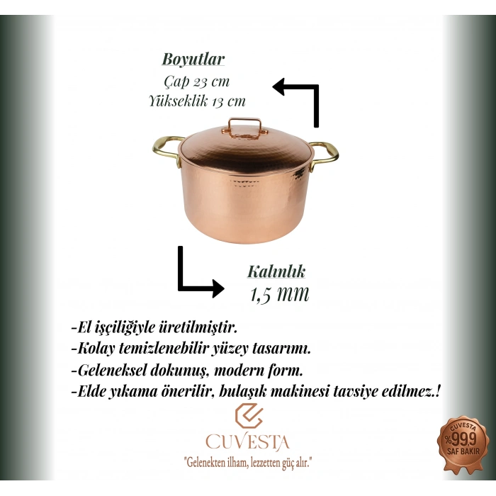 Cuvesta Şef Tipi Bakır Derin Dövme Desenli Tencere 23×13cm