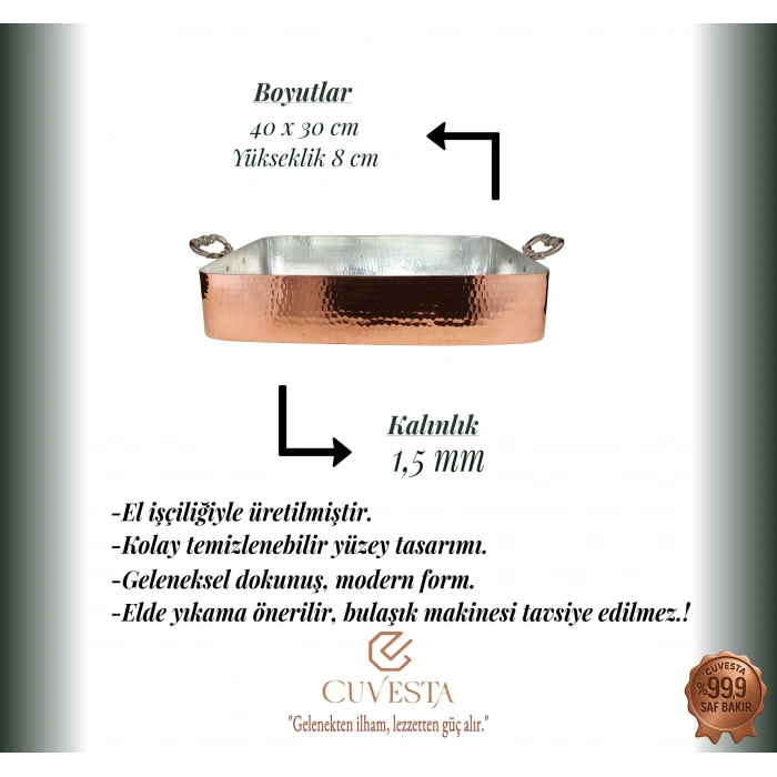 Cuvesta Şef Tipi Bakır Fırın Tepsisi El Yapımı 50×30cm