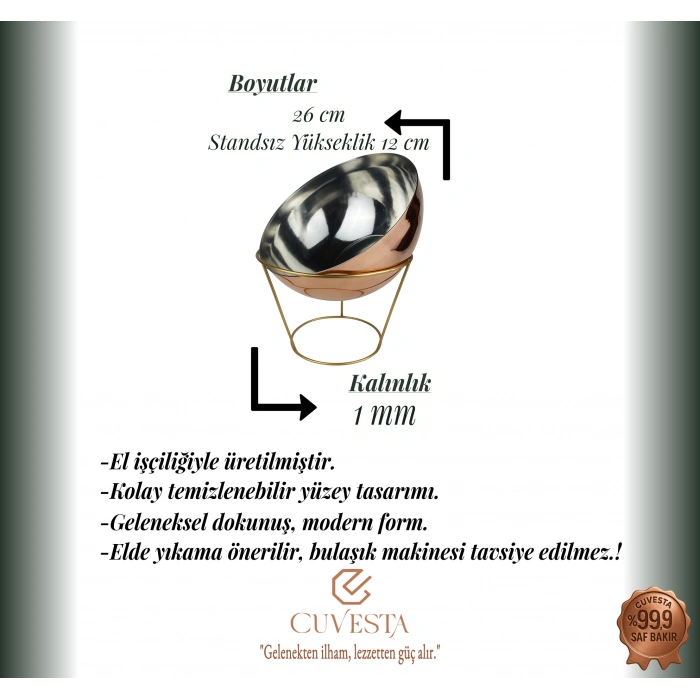 Cuvesta Şef Tipi El Yapımı Bakır Meyve ve Salata Kasesi 26×12cm