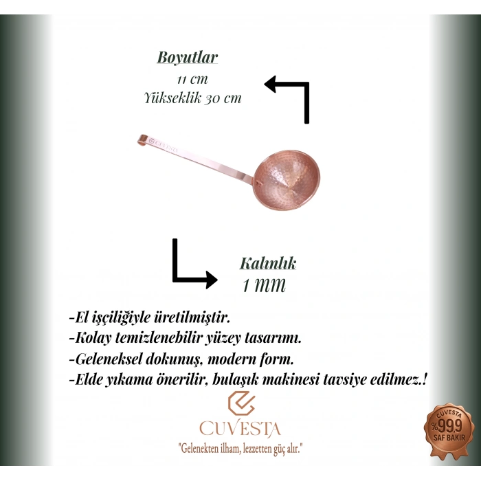 Cuvesta Şef Tipi Modern El Yapımı Bakır Çorba Kepçesi