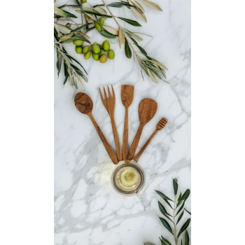 Cuvesta Zeytin Ağacı 5 Parça Ahşap Mutfak Seti, Tahta Kaşık, Çatal, Spatula, Bal Kaşığı El Yapımı
