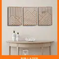 3 Adet Rustik Boho Ahşap Duvar Sanatı - Geometrik Dağ ve Güneş Heykelleri, 3lü Set