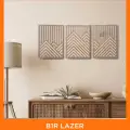 3 Adet Rustik Boho Ahşap Duvar Sanatı - Geometrik Dağ ve Güneş Heykelleri, 3lü Set