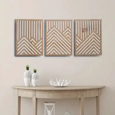 3 Adet Rustik Boho Ahşap Duvar Sanatı - Geometrik Dağ ve Güneş Heykelleri, 3lü Set