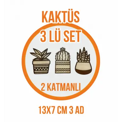 Hediyelik Dekoratif 3lü Kaktüs Ahşap Ev Dekorasyonu