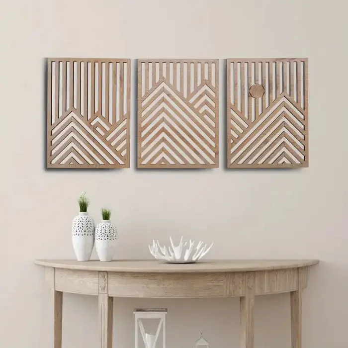 3 Adet Rustik Boho Ahşap Duvar Sanatı - Geometrik Dağ ve Güneş Heykelleri, 3lü Set