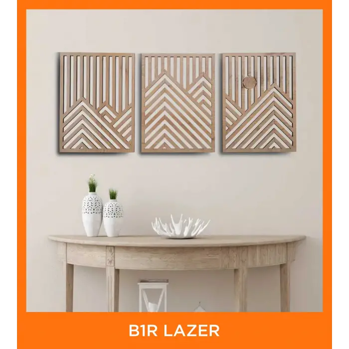 3 Adet Rustik Boho Ahşap Duvar Sanatı - Geometrik Dağ ve Güneş Heykelleri, 3lü Set
