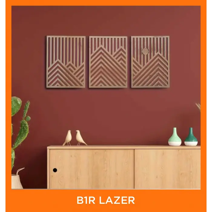 3 Adet Rustik Boho Ahşap Duvar Sanatı - Geometrik Dağ ve Güneş Heykelleri, 3lü Set