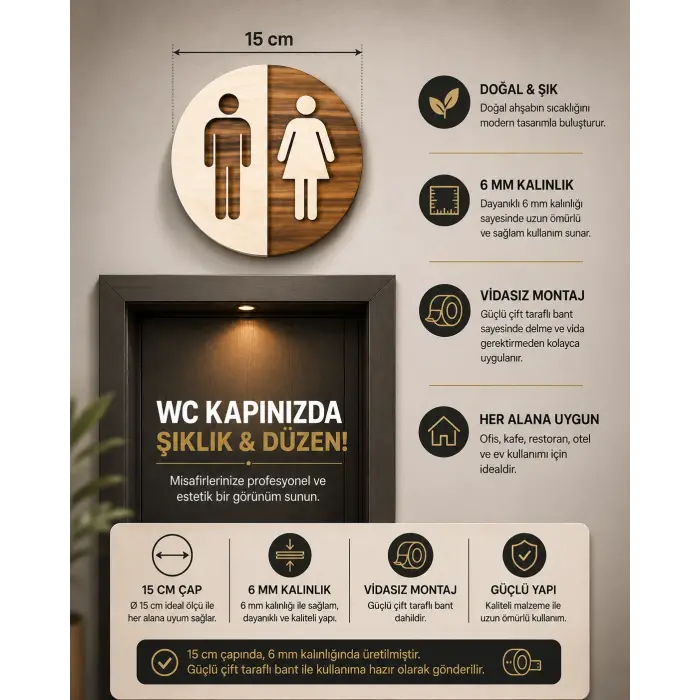 Ahşap WC Kapı Tabelası 15 cm | Erkek Kadın Tuvalet Yönlendirme Levhası