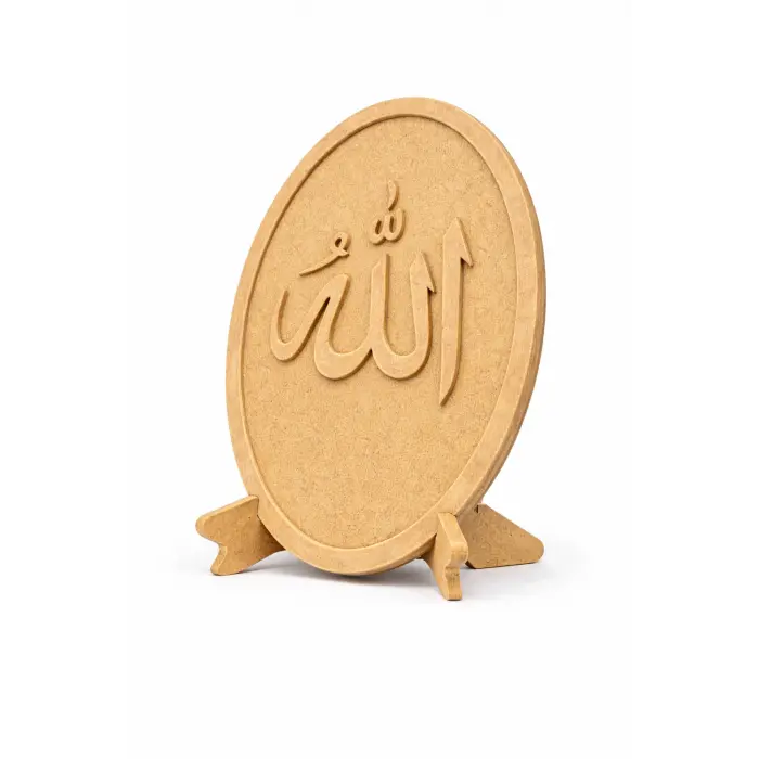 Elif Vav & Allah Yazılı Hat Masa Üstü Dekor Obje Standlı Oval MDF Tasarım