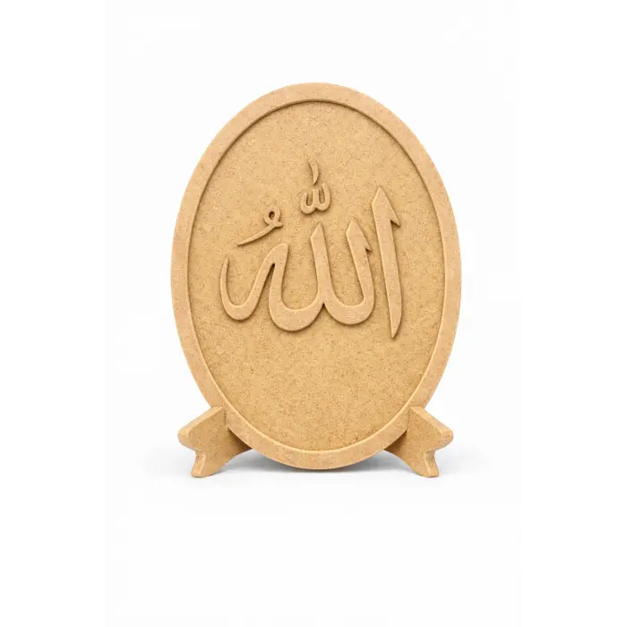 Elif Vav & Allah Yazılı Hat Masa Üstü Dekor Obje Standlı Oval MDF Tasarım