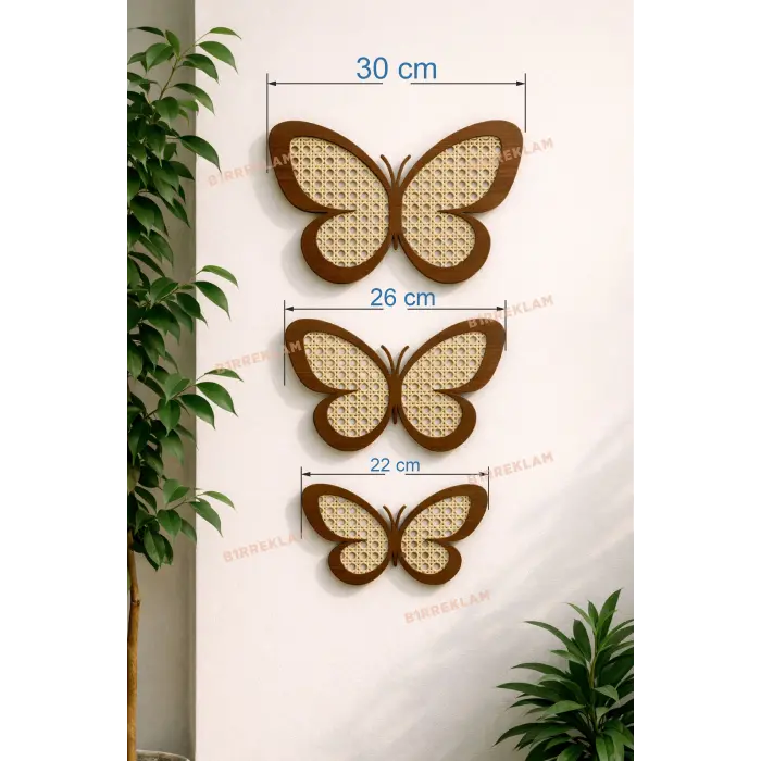 Hasır Örgü Hazeran & Rattan Detaylı 3lü Kelebek Duvar Süsü Ahşap Bohem Temalı Dekor
