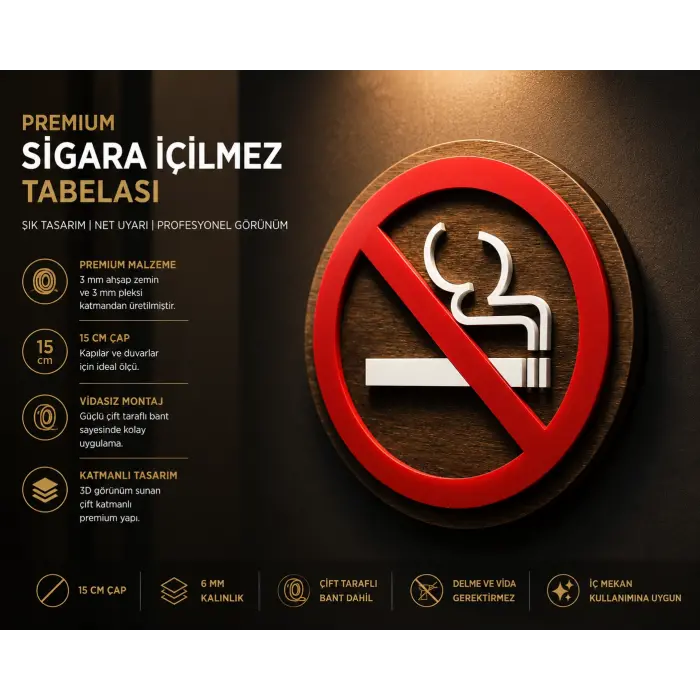 Premium Ahşap Pleksi Sigara İçilmez Tabelası 15 cm | Vidasız Montajlı Dekoratif Levha