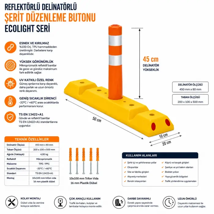 Reflektörlü Delinatör Şerit Düzenleme Butonu Ecolight Seri