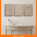 3 Adet Rustik Boho Ahşap Duvar Sanatı - Geometrik Dağ ve Güneş Heykelleri, 3lü Set