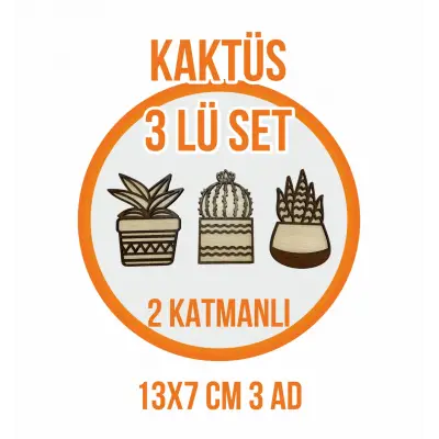 Hediyelik Dekoratif 3lü Kaktüs Ahşap Ev Dekorasyonu
