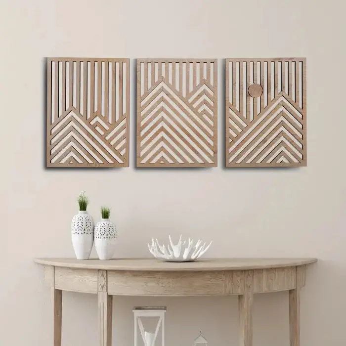 3 Adet Rustik Boho Ahşap Duvar Sanatı - Geometrik Dağ ve Güneş Heykelleri, 3lü Set