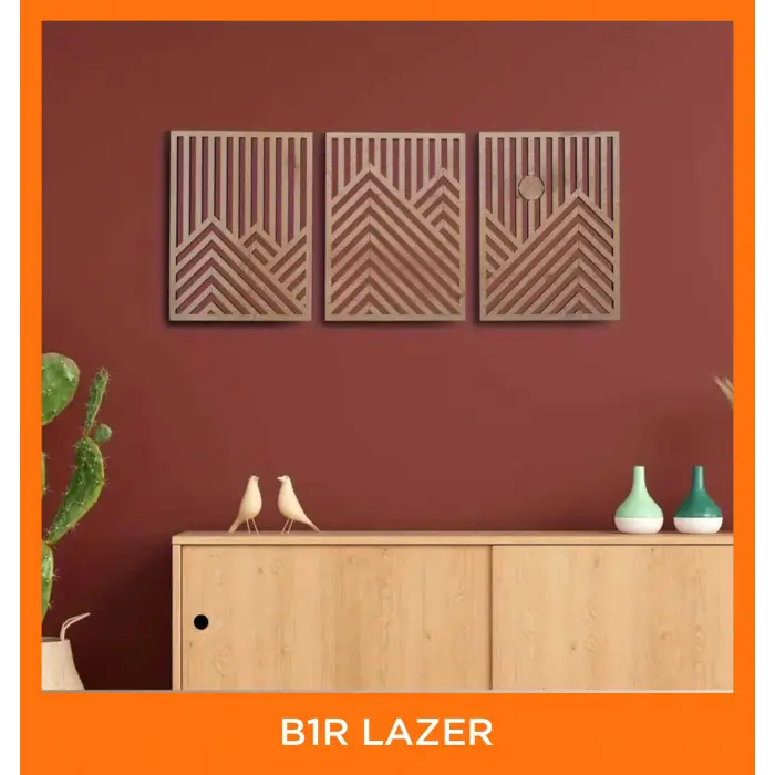 3 Adet Rustik Boho Ahşap Duvar Sanatı - Geometrik Dağ ve Güneş Heykelleri, 3lü Set