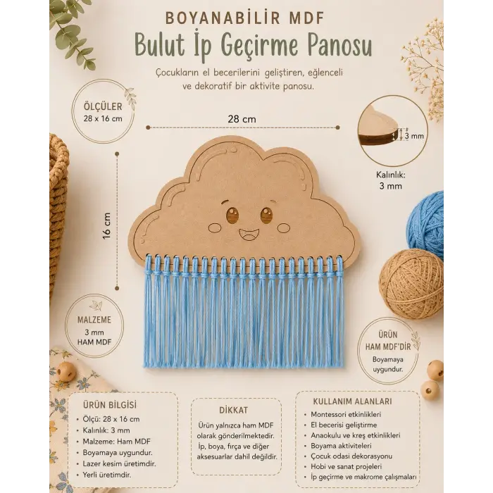 Boyanabilir MDF Bulut İp Geçirme Aktivite Oyuncağı Montessori El Becerisi ve Çocuk Odası Duvar Süsü